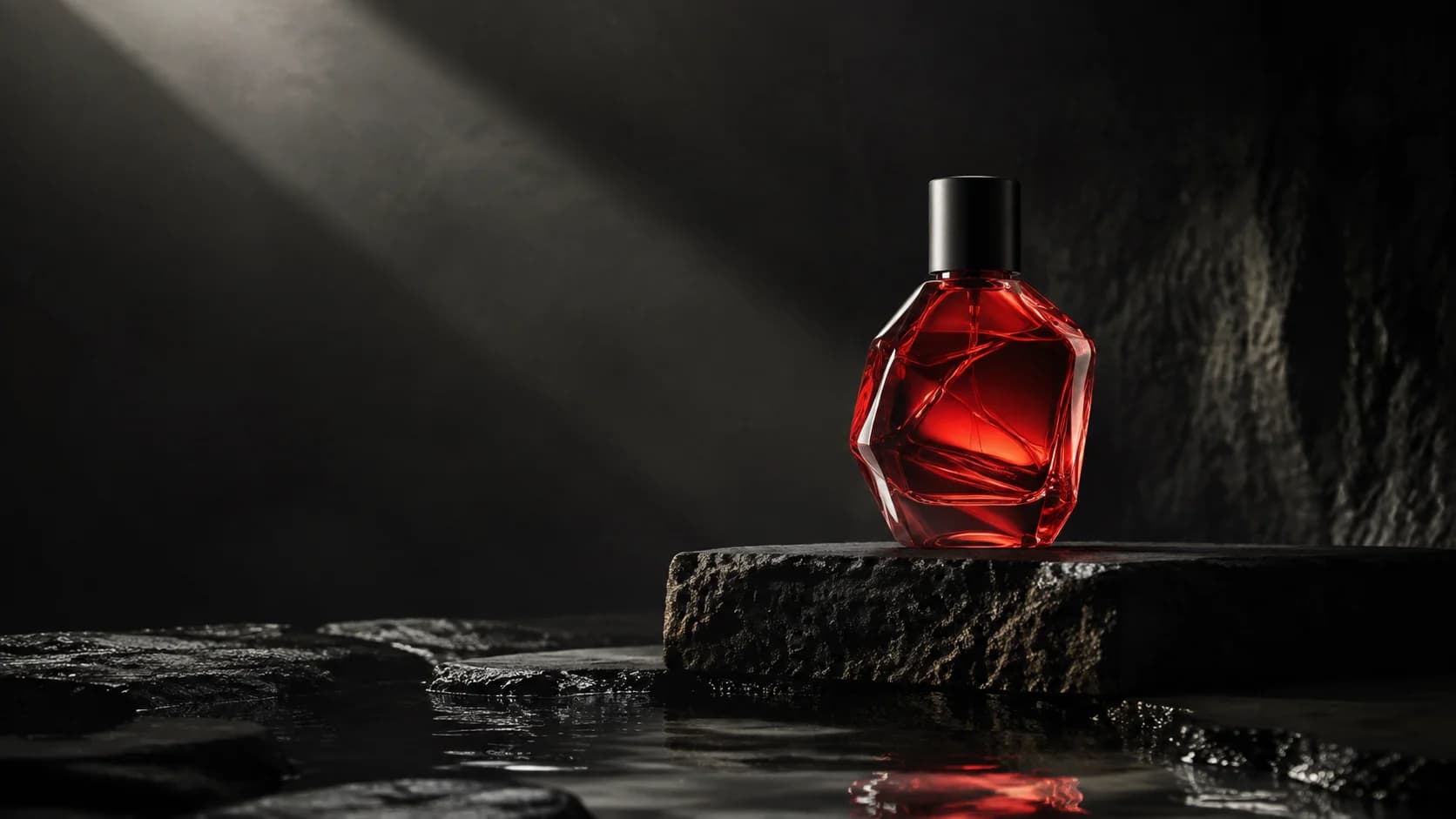 A red glass product study lit in a dark studio